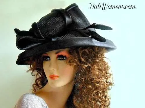 Black Formal Hats, Black Winter Satin Hats, Satin Hats For Horse Races, Preakness Stakes Hats, Saratoga Racing Hat, Dress Hats