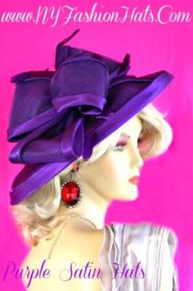 Satin Hats For Weddings, Woman's Purple Satin Hats, Wide Brim Satin Hats For Weddings, Bridal Hats, Church Hats, Kentucky Derby Hats
