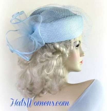 Blue Pillbox Hats For Women, Blue Pillbox Hats For Church, Women's Blue Designer Hats, Blue Haute Couture Hats