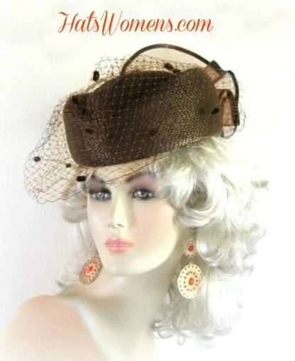 Brown Designer Hats For Women, Ladies Brown Pillbox Fashion Hats, Birdcage Veil Hats