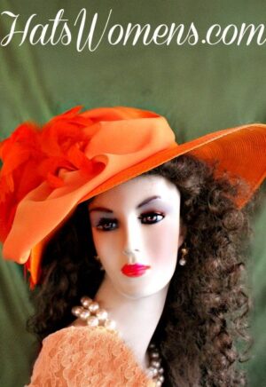 Women's Orange Designer Hats, Kentucky Derby Hats, Hats For Weddings, Orange Wide Brim Fashion Hats
