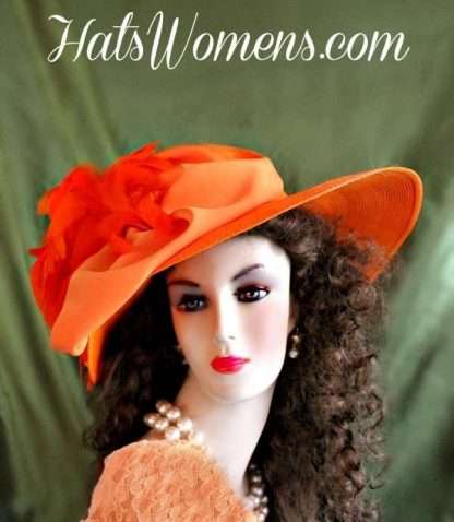 Women's Orange Designer Hats, Kentucky Derby Hats, Hats For Weddings, Orange Wide Brim Fashion Hats