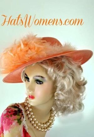 Peach Designer Hat With Ivory And Peach Feathers, Kentucky Derby Hats