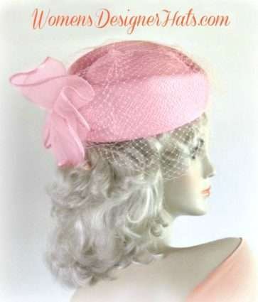 Women's Light Pink Pillbox Dress Hat With A Birdcage Veil, Pillbox Hats For Brides Wedding Church, Pillbox Fashion Hats For Ladies Woman Women
