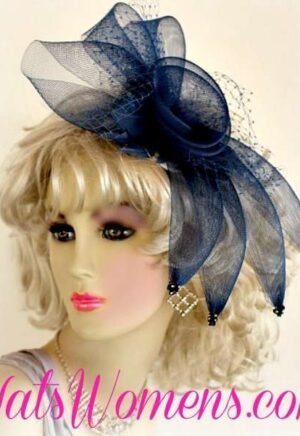 Ladies Nay Blue Crinoline Cocktail Hat For Wedding Guests, Black Headpiece Womans, Ivory Church Cocktail Hat Fascinator