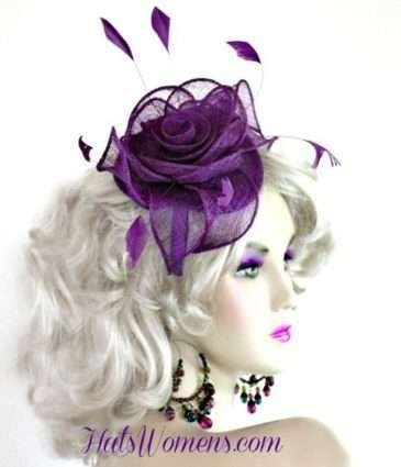 Melbourne Cup Hats, Kentucky Derby Hats, Cocktail Hats, Ladies Purple Fashion Hats With Feathers, Purple Bridal Wedding Headpiece Hat, Hats Womens