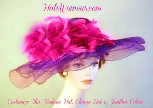 Designer Women Hats On Sale, Purple Melbourne Cup Hats, Purple Church Hats Hot Pink Feathers, Royal Ascot Racing Hats, Ladies Fashion Hats For Spring And Summer Time