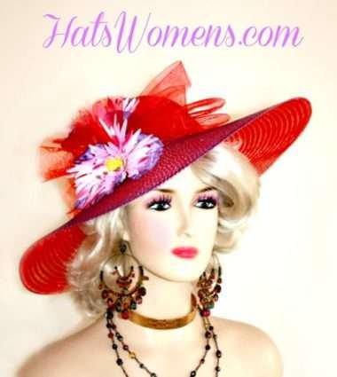 Red Hat Society, Virginia Gold Cup, Big Wide Brim Hat, Woman's Formal Wedding Hats With Summer Flowers, Bridal, Wedding Accessories