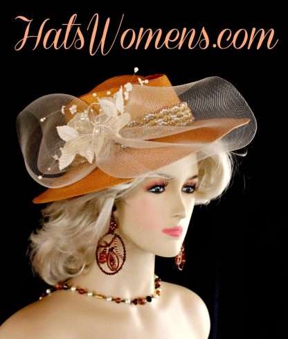 Ladies Formal Fashion Hats, Antique Gold Hats, Metallic Gold Ivory Dress Hats, Hats For Woman, Wedding Bridal Brides Hats, Church Hats