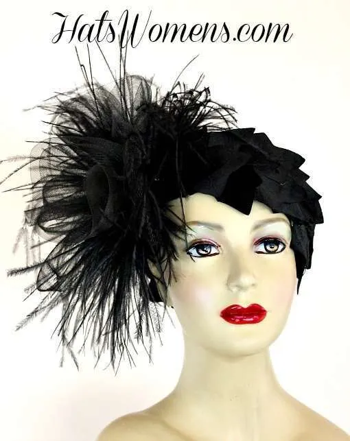 Women's Designer Flapper Cloche Hat With Feathers, Black Hats For Wedding Guests, Couture Fashion Hats For Women, Hat Millinery Designers, Formal Special Occasion Hats, Ladies Derby Hats