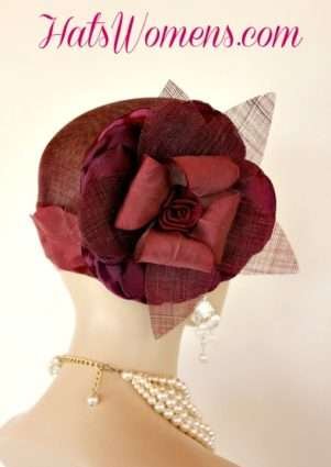 Burgundy Sinamay Straw Silk Art Nouveau Fashion Hat, Designer Hats For Weddings, Ladies Derby Hats, Formal Hats Woman, Designer Hats For Woman