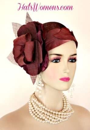 Burgundy Vintage Hats, Burgundy Sinamay Straw Flapper Cloche Hats, Hats For Weddings, Ladies Designer Dress Hats