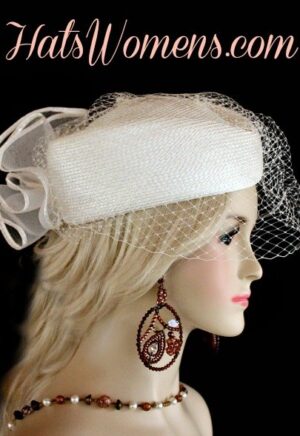 Vintage White Bridal Hats Headpieces With Veils, Mother Of The Bride Pillbox Hat, Hats For Brides White Ivory, Church Hats, Designer Hats For Women Woman