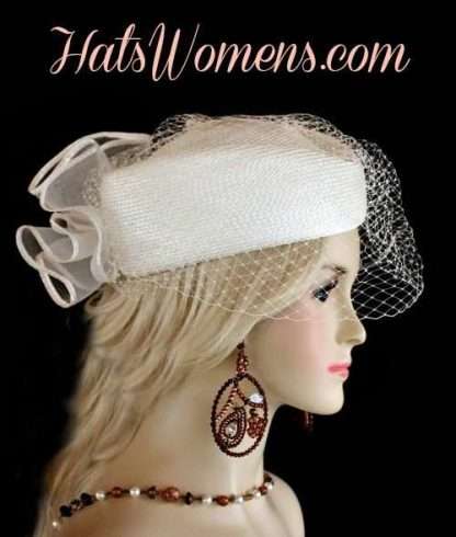 Vintage White Bridal Hats Headpieces With Veils, Mother Of The Bride Pillbox Hat, Hats For Brides White Ivory, Church Hats, Designer Hats For Women Woman