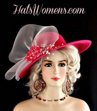 one of a kind designer hats, haute couture hats, women's hot pink white fashion hats, hats with flowers for horse races, bridal hats
