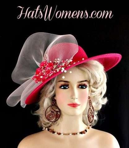 one of a kind designer hats, haute couture hats, women's hot pink white fashion hats, hats with flowers for horse races, bridal hats