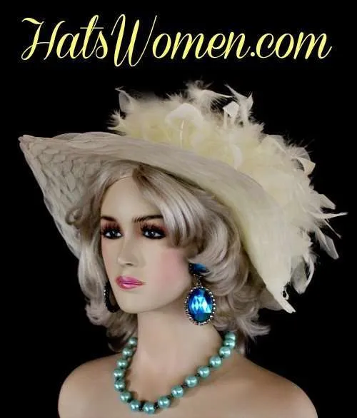 Ivory Hats With Feathers For Women, Spring Designer Hats, Horse Race Hats, Haute Couture Fashion Hats, Mother Of The Bride Wedding Hats, Hats Women's