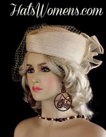 Women's Beige Pillbox Fashion Hat With A Veil, Dress Hats With Veils, Ladies Formal Pillbox Hats, Custom Hats For Woman, Ladies Derby Hats
