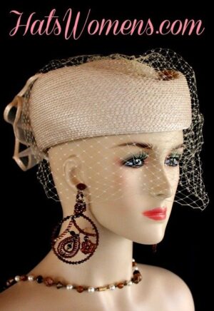 Beige Designer Hats With Veils, Pillbox Hats With Birdcage Netting Face Veil, Beige Church Hats, Special Occasion Hats, Women's Formal Pillbox Bridal Wedding Hat Hats