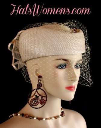 Beige Designer Hats With Veils, Pillbox Hats With Birdcage Netting Face Veil, Beige Church Hats, Special Occasion Hats, Women's Formal Pillbox Bridal Wedding Hat Hats