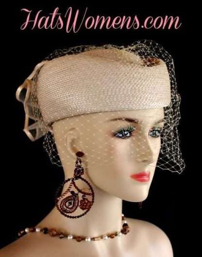 Beige Designer Hats With Veils, Pillbox Hats With Birdcage Netting Face Veil, Beige Church Hats, Special Occasion Hats, Women's Formal Pillbox Bridal Wedding Hat Hats