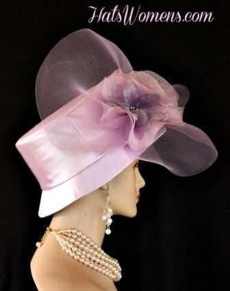 Satin Hats For Weddings, Garden Tea Party Spring Fashion Hats With Flowers, Woman's Fashion Hat, Women's Lilac Purple Designer Hats, Kentucky Derby Hats, Melbourne Cup Hat, Royal Ascot Hat, Hats For Woman
