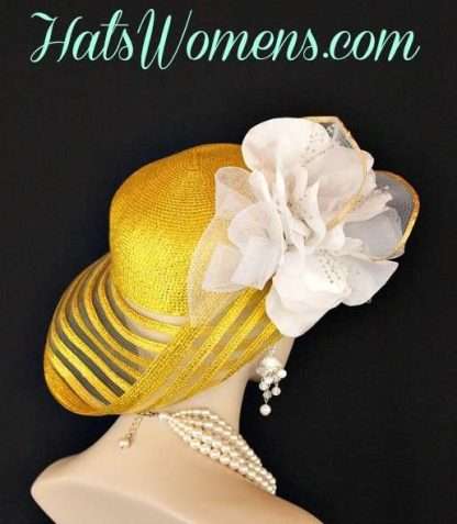 Metallic Gold Church Hats With White Flowers, Bridal Brides Hats, Mother Of The Bride Gold Hats, Fashion Hats, NY Fashion Hats, Women's Designer Hats, Hats Womens