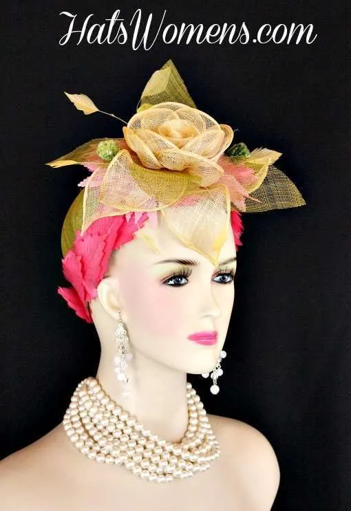 Ladies Formal Lime Olive Green Beige Hot Pink Straw Hat, Cloche Spring Designer Hats, Hats For Wedding Guests, Kentucky Derby Hats