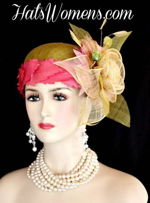 Olive Green Straw Hats, Lime Green Straw Hats, Hot Pink Ivory Designer Fashion Hats, Kentucky Derby Hats, Melbourne Cup Hats, Royal Ascot Hats, Wedding Church Hats
