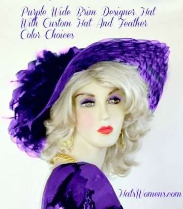 Wide Brim Purple Hats With Feathers, Ladies Fashion Hats For Church, Designer Hats Womans, Women's Bridal Hats, Tea Hats