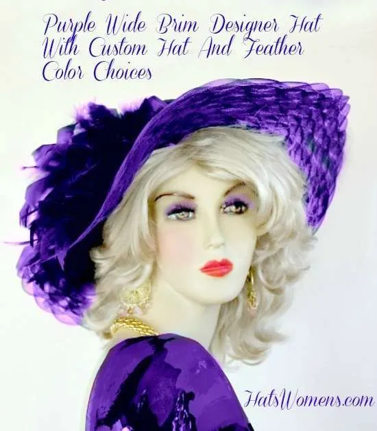 Wide Brim Purple Hats With Feathers, Ladies Fashion Hats For Church, Designer Hats Womans, Women's Bridal Hats, Tea Hats