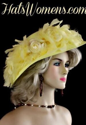 Ladies Formal Yellow Church Hats, Kentucky Derby Hats With Feathers, Women's Special Occasion Hats, Designer Hats For Women, Yellow Hats For The Preakness Stakes Horse Race, Bridal Hats