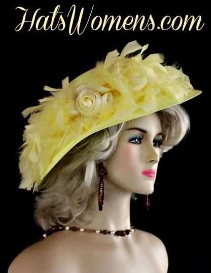 Ladies Formal Yellow Church Hats, Kentucky Derby Hats With Feathers, Women's Special Occasion Hats, Designer Hats For Women, Yellow Hats For The Preakness Stakes Horse Race, Bridal Hats