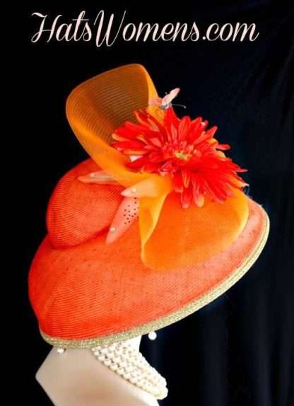 Coral Orange Gold Hats For Spring With Flowers, Kentucky Derby Hats, Hats For Horse Races, Women's Designer Hats, NY Fashion Hats, Special Occasion Hats, Bridal Bridesmaids Hats