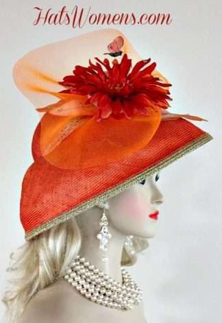 Ladies Coral Orange Metallic Gold Hat, Belmont Stakes Hats, Kentucky Derby Hat, Preakness Stakes Hats, Church Wedding Bridal Dress Hats