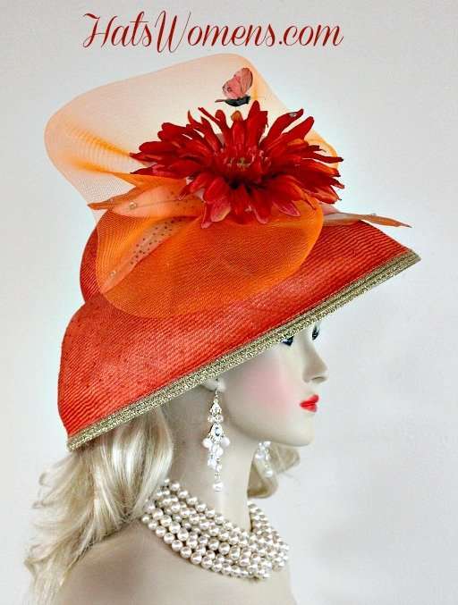 Ladies Coral Orange Metallic Gold Hat, Belmont Stakes Hats, Kentucky Derby Hat, Preakness Stakes Hats, Church Wedding Bridal Dress Hats