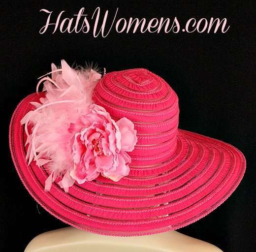 Women's Hot Pink Wide Brim Dress Hat With Feathers And A Flower, Hats For Wedding Guests, Bridal Hats For Woman, Hats For Horse Races, Formal Church Hats