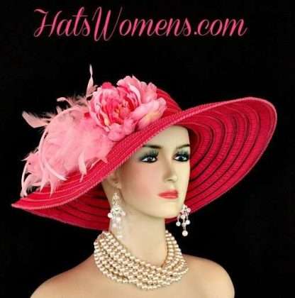 Ladies Hot Pink Kentucky Derby Hats, Hot Pink Church Hats With Feathers Flowers, Church Hats, Couture Hats, Special Occasion Dress Hats