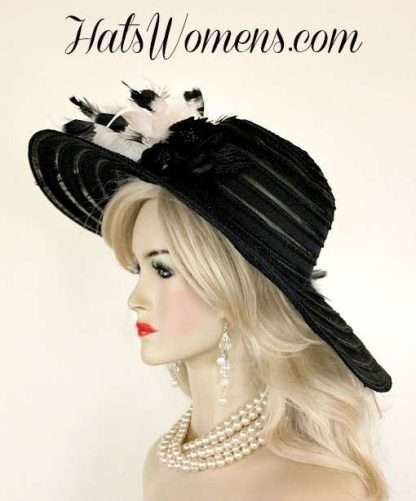 Ladies Black White Feathers Hats For Horse Racing Events, Wide Brim Fashion Hats, Woman's Dress Hats, Melbourne Cup Hats, Royal Ascot Hats, Ladies Derby Hats, Virginia Gold Cup Hats, Saratoga Racing Hats