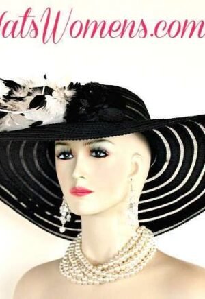 Women's Formal Black Wide Brim Hats, Black Designer Hats, Black White Fashion Couture Hats, Church Wedding Hats