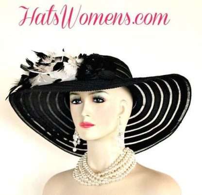 Women's Formal Black Wide Brim Hats, Black Designer Hats, Black White Fashion Couture Hats, Church Wedding Hats