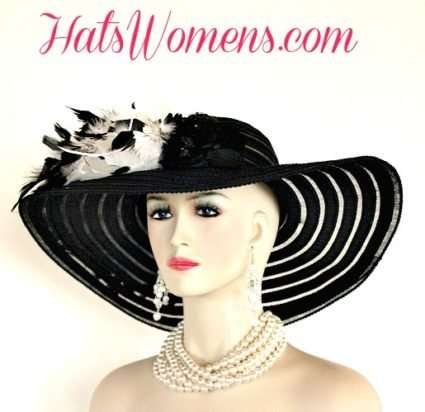 Women's Formal Black Wide Brim Hats, Black Designer Hats, Black White Fashion Couture Hats, Church Wedding Hats