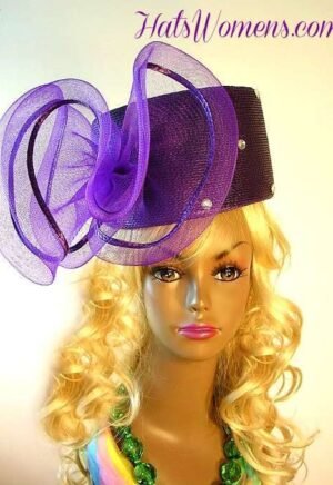 Purple Church Suite Ladies Hat, Purple Formal Dress Hats, Purple Wedding Guest Hats, Purple Pillbox Designer Hats Rhinestones Bows