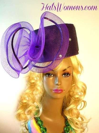 Purple Church Suite Ladies Hat, Purple Formal Dress Hats, Purple Wedding Guest Hats, Purple Pillbox Designer Hats Rhinestones Bows