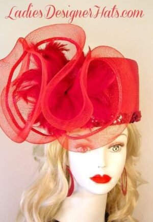 Woman's Red Pillbox Couture Hat, Ladies Red Designer Hat, Red Hats For Women, Red Church Hats, Hats For Women Dress