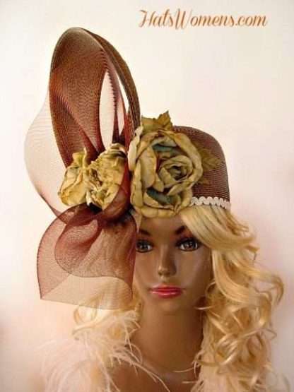 Brown Pillbox Hats, Taupe Beige Brown Church Hats, Couture Fashion Hats For Women, Hats For Women, Ladies Wedding Dress Bridal Hats