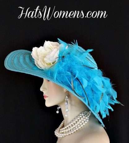 Turquoise Blue Fashion Hats For Women, Wide Birm Hats Flowers Feathers, Custom Bespoke Couture Woman's Hats, Horse Race Hats, Ladies Spring Derby Hats, Brides Weddings Bridal Hat