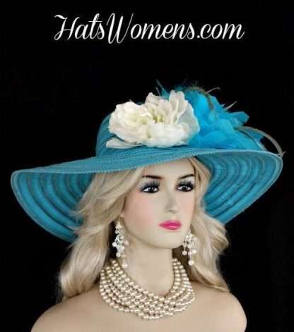 Ladies Turquoise Blue Ivory Hats, Kentucky Derby Hats, Hats For Spring Horse Races, Bespoke Couture Fashion Hats, Hats For Weddings, Woman's Hats