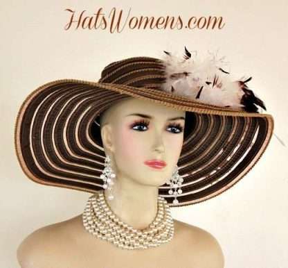 Ladies Wide Brim Brown White Formal Hat, Woman's Dress Church Hats, Fashion Hats, Designer Hats For Women, Garden Tea Party Hats, Hats Womens Hat Millinery Designers