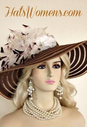 Woman's Brown White Special Occasion Hats, Custom Bespoke Couture Woman's Hats, Bridal Wedding Church Hats, Women's Designer Hats
